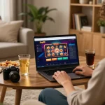 Engaging in online gaming at Say88, a player enjoys a vibrant casino interface in a cozy home setting.