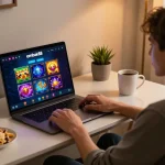 Rasakan sensasi bermain ombak88 dengan pengaturan laptop yang menampilkan aksi permainan kasino yang cerah.