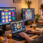 Bangsawan88gg player enjoying online slots on laptop at home with vibrant game interface.