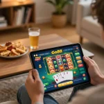 Player enjoying Go88 gaming session on tablet with bright game interface in cozy home