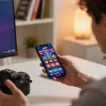 Playing go89 slot games on a smartphone in a modern home office setting.