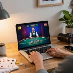 Engaging online gaming scene with go99com blackjack interaction on laptop in stylish environment.