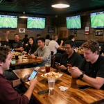 Tỷ lệ kèo nhà cái 5 action at a lively sports bar with fans engaged in betting.