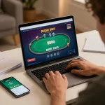 Player strategizing online gambling at LV88 with laptop and notes in stylish setting.