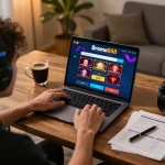 Bromo888 player enjoying a casino game on a laptop, showcasing strategic gameplay in a cozy home setting.