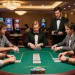O8 players strategizing their moves at a live poker table in a luxurious casino setting