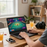 Player enjoying an immersive bk8 live casino game on a laptop in a cozy home setup.
