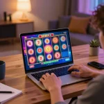 Engaging gameplay on situs slot at home, showcasing excitement while hitting the spin button.
