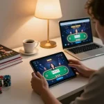 Play poker on the iwin pro app with a cozy home gaming setup and strategic planning materials.