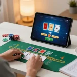 Player engaging in strategic blackjack gameplay on c168 tablet at home, showcasing a cozy gaming atmosphere