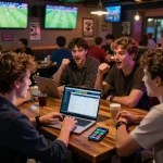 SBOBET88 sports betting enthusiast analyzing odds at a lively sports bar during live matches.