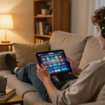 Seorang pemain menikmati slot Gsc108 di tablet dalam suasana ruang tamu yang nyaman, menunjukkan suasana permainan yang bertanggung jawab.