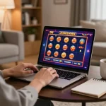 Playing O8 casino games on a modern laptop with vibrant graphics in a cozy setting