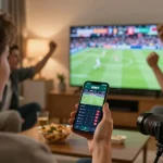 Engaged gambler using the DEBET app while watching sports, capturing a moment of excitement