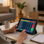 Engaging in sports betting with UFA370 on a tablet in a cozy home environment, showcasing responsible gaming.