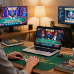 iwin player enjoying an intense blackjack session at home, surrounded by strategy notes and a cozy atmosphere