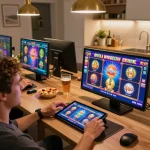 Player spins reels on a vibrant online slot game during an exciting home gaming session