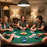 Players engaged in a poker game at home, showcasing strategies for gambling with selfieplasticsurgeries evident in the scene.