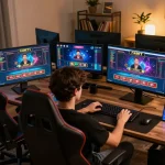Player enjoying FABET online casino games from home, showcasing a dynamic gaming setup.