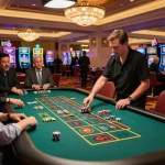 Players engaging in a thrilling roulette game at ALO8 casino, showcasing vibrant atmosphere and betting excitement