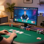 Iwin player engaging in live poker at home, showcasing strategic gameplay in a cozy setting.