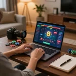 Engaging gameplay experience on dash88 with a player using laptop at home, surrounded by poker chips and strategy notes.