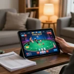 Player enjoying a thrilling dinamit4d poker game on tablet at home, showcasing professional gaming setup and strategic environment.