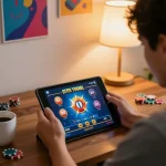 Pemain yang terlibat menikmati situs togel di tablet dalam suasana rumah yang nyaman, dengan pencahayaan ambient yang hangat