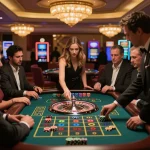 ku88 players placing bets on a lively roulette table under elegant casino lights