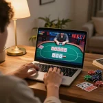 Engaging in online gambling at home, with poker game on screen featuring uu88 platform.