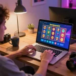 Engaging gameplay on kerajaanslot displayed on a laptop in a cozy home gaming setup