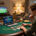 FC88 player strategizing during live dealer blackjack session at home, surrounded by snacks and vibrant atmosphere.