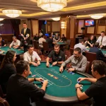 TG88 players engaged in an exciting poker game on an elegant casino floor with professional dealers and warm ambient lighting.