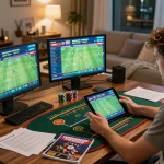 Engaged player using go8 tablet for sports betting with strategic notes and analytics in a cozy living room.