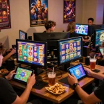 Players engaged in thrilling Zeus138 slot games, enjoying a vibrant gaming atmosphere.