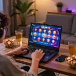 Engaging scene of a player enjoying slot88 games on a laptop at home in a cozy setting.