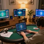 tg88 player engaged in intense online poker session with gaming strategy notes at home