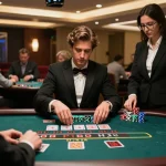 Engaging player at LLWIN blackjack table showcasing strategic gameplay in upscale casino.