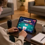 Scene permainan poker online Master88 dengan seorang pemain yang terlibat secara strategis dari rumahnya yang nyaman.