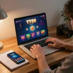 Engaging home gaming scene with TT88 casino app on laptop, showcasing strategic betting.