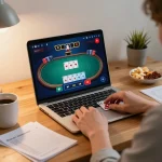 Player strategizing poker moves on 32win in a cozy home, promoting responsible gambling practices.