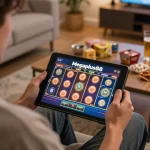 Player enjoying online slots on megaplus88 in a cozy living room with snacks.
