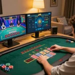 Engaged player enjoying a live BK8 casino game on dual monitors, showcasing immersive online gaming.