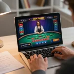 Player engaging in a live blackjack session with 888New, analyzing strategies in a cozy home office.