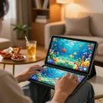 SUNWIN player enjoying the exciting underwater experience of Bắn Cá game on a tablet in a cozy home.