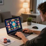 Engaging with tx88 slot machine on a laptop, showcasing an immersive online gaming experience.