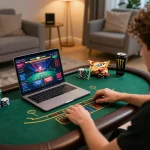 Engaging in live dealer blackjack gameplay at home, showcasing MMOO's online experience.