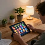 Player enjoying thrilling tr88 slots on a tablet with snowy wins and strategic notes visible