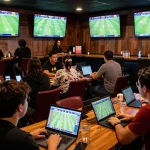 Enthusiastic fans engaging in sports betting at nhà cái bóng đá 388bet, placing bets on live matches.