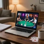 Engaging online poker scene with debet strategy insights in a cozy living room